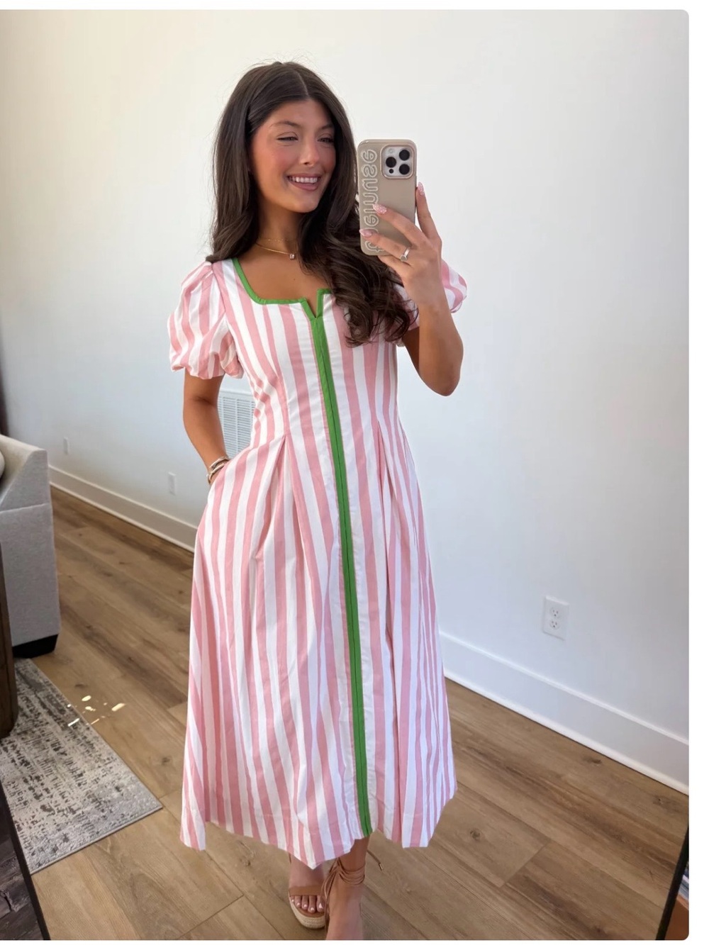 TCEC Pink and White Striped Midi Dress with Green Trim